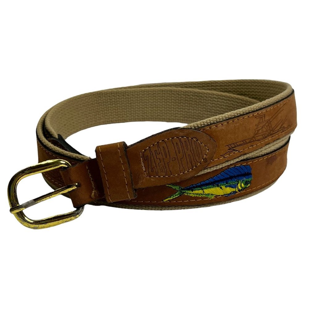 ZEP-PRO Fishing‎ Belt Mens 44 Tan Leather Canvas Mahi Mahi Dorado Sportfish USA